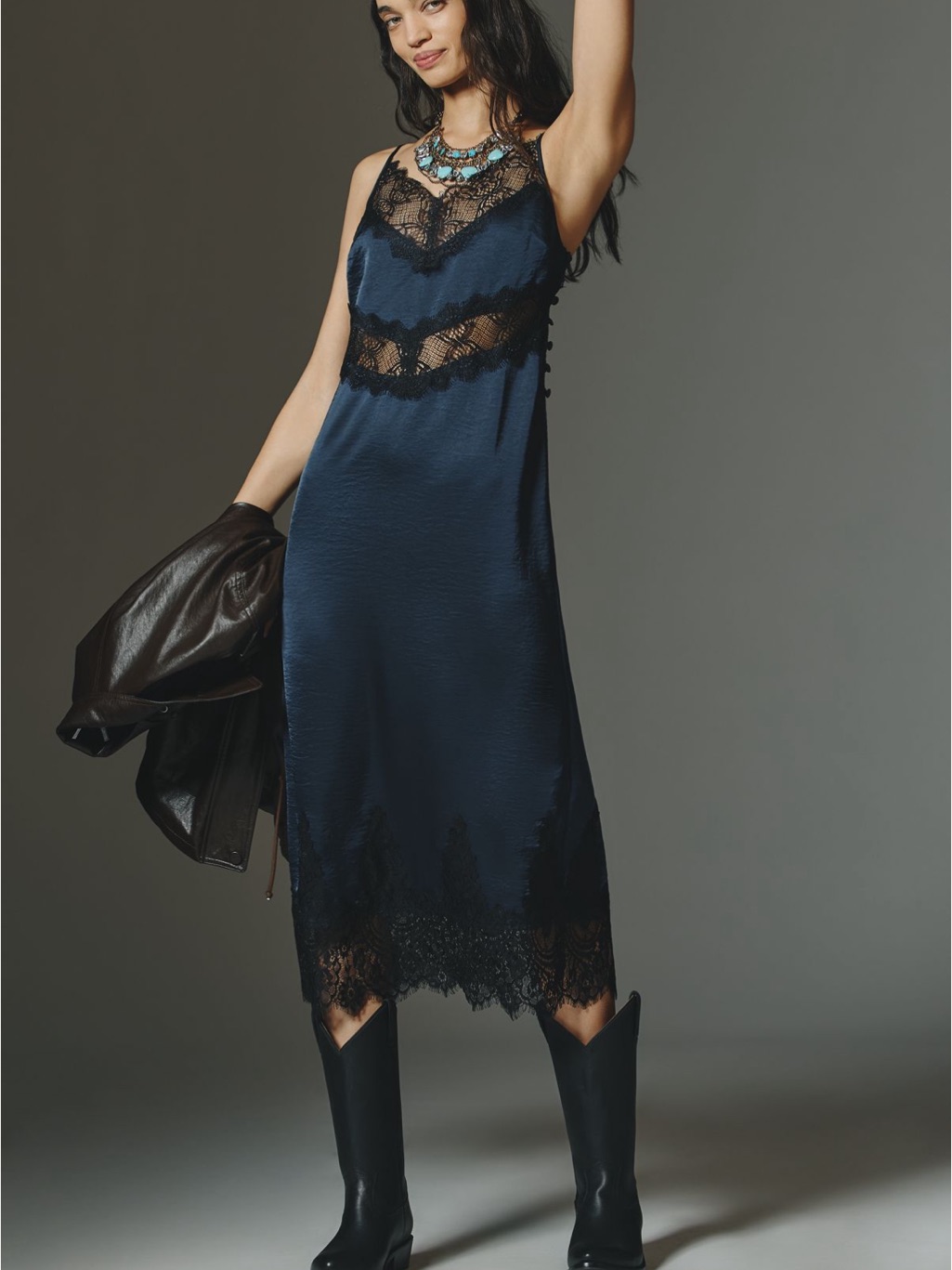 Anthropologie Navy Blue Satin Slip Dress With Black Lace Trim